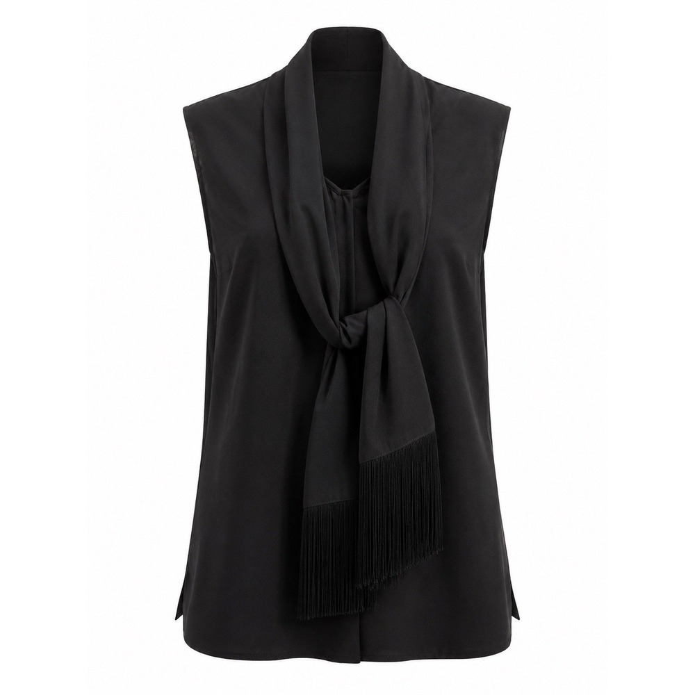 CAbi Black Fringe Blouse Sleeveless Scarf Neck Top Style 3430 XL Minimalist